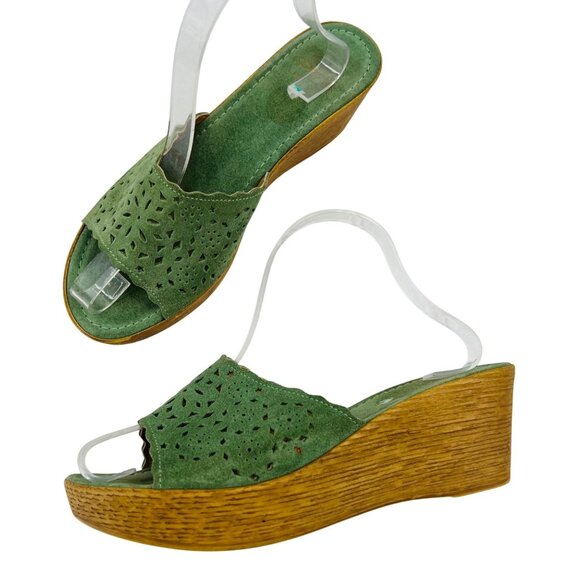 Sotto Sopra Made In Italy Green Laser-Cut Suede Wedge Sandals Wooden Platform So - Picture 1 of 7